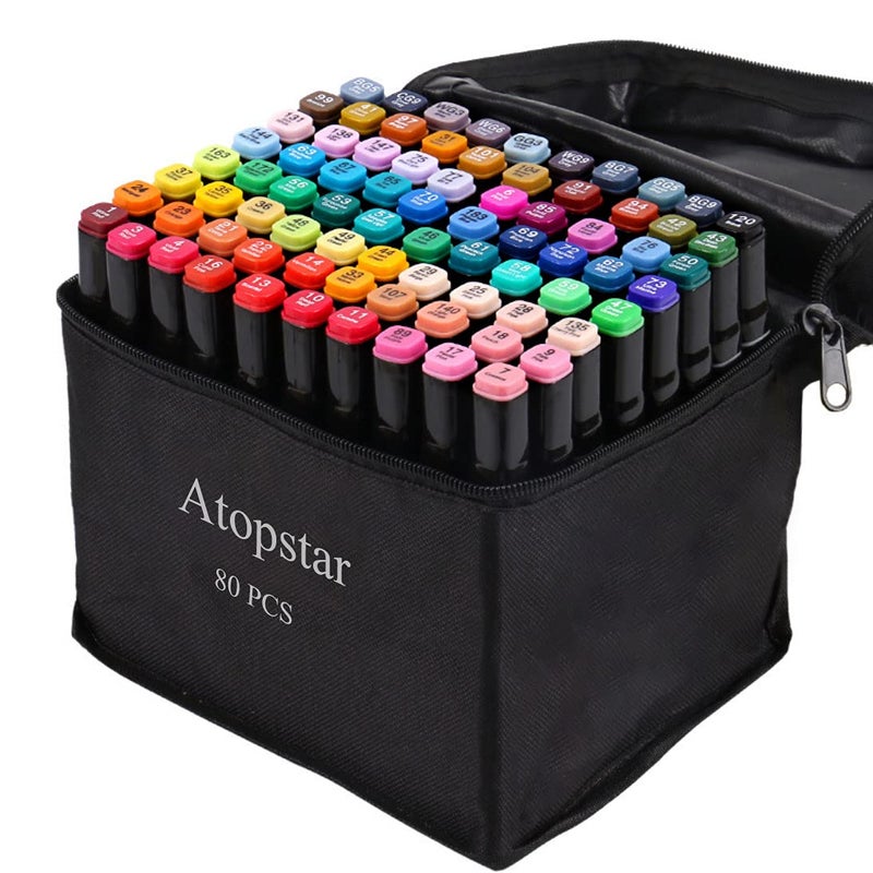ATOPSTAR 80 Colors Alcohol Markers Artist Drawing Art for Kids Dual Tip Adult Coloring Painting Supplies Perfect Boys Girls Students Adult(80 Black Shell) - Image 1
